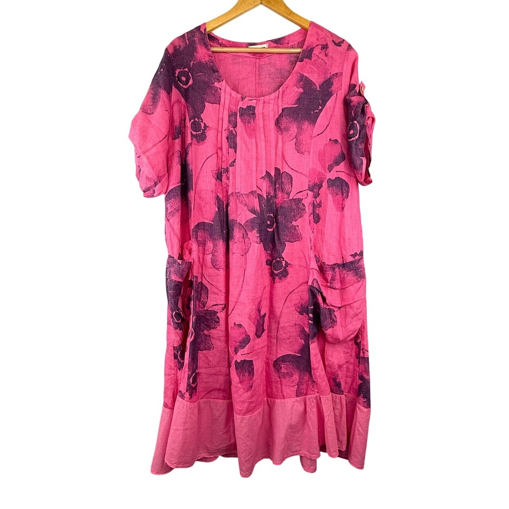 Luigi Moda Linen Dress Womens OS Pink Floral Lagenlook Made in Italy Midi Pocket
